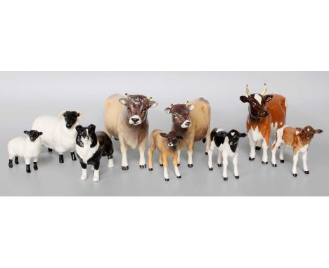 Beswick Cattle Including; Jersey Bull, Cow and Calf, etc, with a collie, sheep and lamp (9)Ickham Bessie - good restoration t