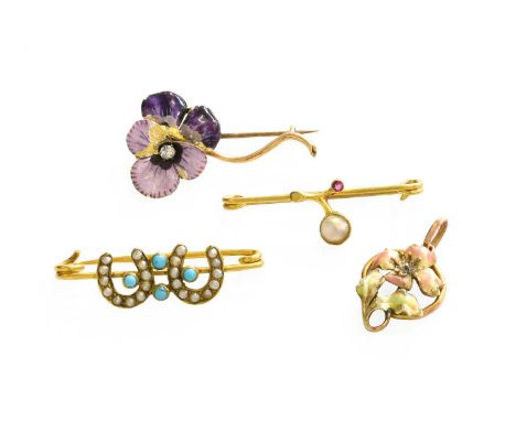 Three Brooches, comprising of a split pearl and turquoise example, an enamel and diamond example (a.f.); and a blister pearl 