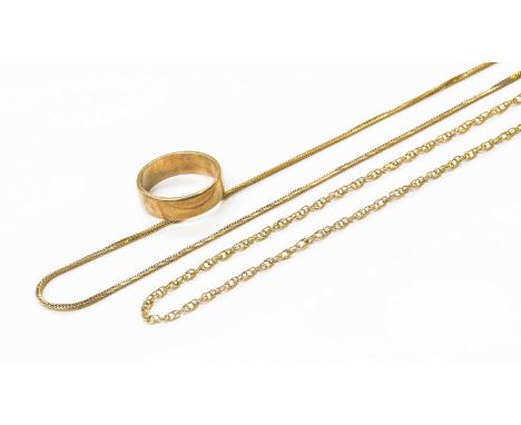 A 9 Carat Gold Band Ring, finger size Q; A 9 Carat Gold Chain, length 55cm; and A Fancy Link Chain, stamped '585' and '14K', 