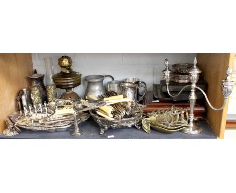 A Collection of Silver Plate, including bottle coasters, toast racks, cutlery etc.; together with an oil lamp