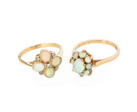 A 9 Carat Gold Opal and Diamond Cluster Ring, finger size Q1/2; and A 9 Carat Gold Opal Cluster Ring, finger size RGross weig