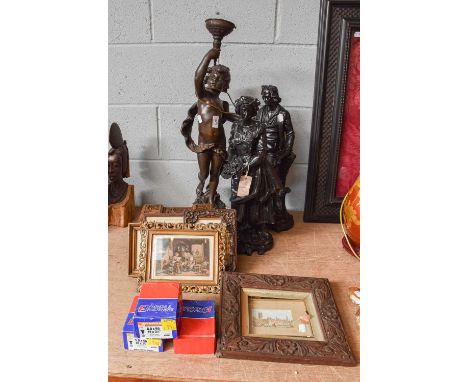 A Spelter Figural Lamp Base; together with a pair of 19th century painted terracotta figures, two 19th century framed silhoue
