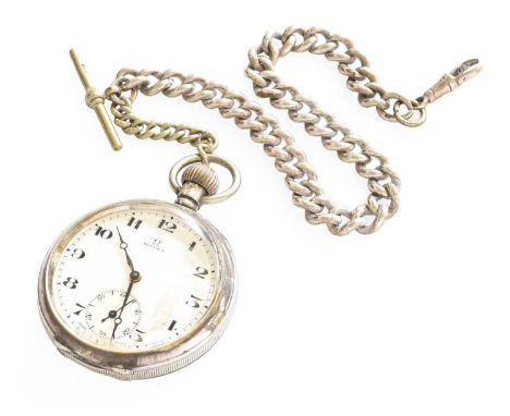 A Silver Open Faced Pocket Watch, signed Omega, 1924, lever movement signed and numbered 5656288, enamel dial with Arabic num