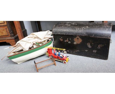 Early 20th Century Lacquered Hinged Chest, with mother of pearl and painted decoration, painted wooden boat Sainte Marguerite