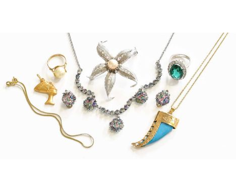 A Quantity of Jewellery, comprising of a pendant, loop indistinctly marked; a bracelet, stamped '9K'; a simulated pearl ring,