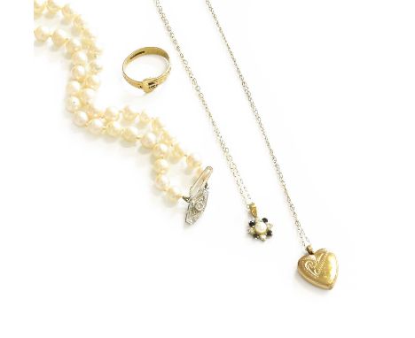 A Cultured Pearl Necklace, with a 9 carat white gold diamond set clasp, length 55.5cm; A 9 Carat Gold Buckle Ring, out of sha