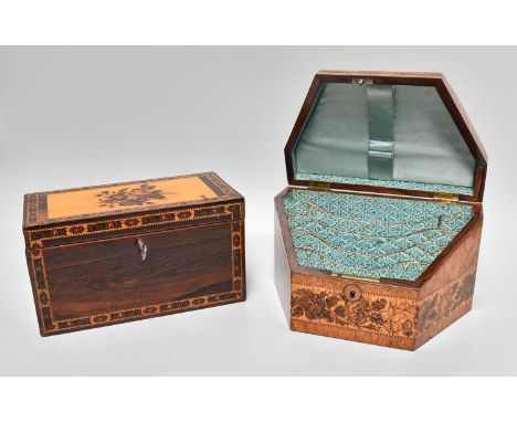 A Tunbridge Ware Inlaid Two Division Tea Caddy; together with a Tunbridge Ware inlaid stationery travelling box, underside wi