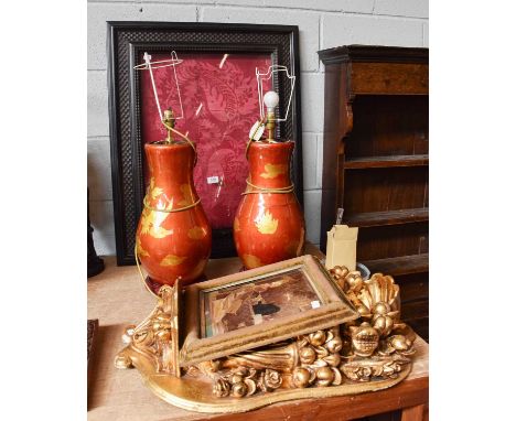 A Giltwood and Gesso Rococo Style Wall Shelf, together with two table lamps and a modern ebonised frame, a Victorian crystole