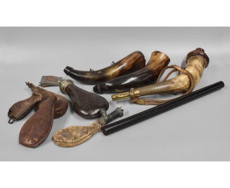 A Collection of 19th Century Horn and Leather Shot and Powder Flasks; together with a German First World War belt buckle and 