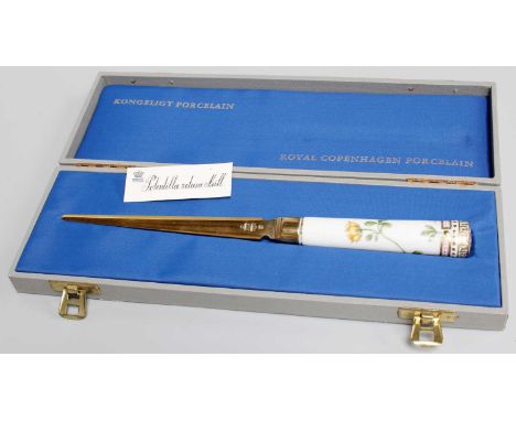 A Royal Copenhagen Porcelain and Silver Gilt Paper Knife, in Flora Danica design ''Potentilla retusa Müll'' in fitted case No