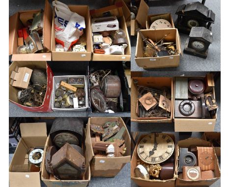 A Selection of Mantel Clocks, two black slate clocks, clock movements, dials, pendulums, etc (in 15 boxes)