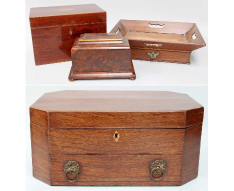 A 19th Century Mahogany Sewing Box; a mahogany inlaid tea caddy; a burr walnut money box; a single drawer mahogany tray (4)Se