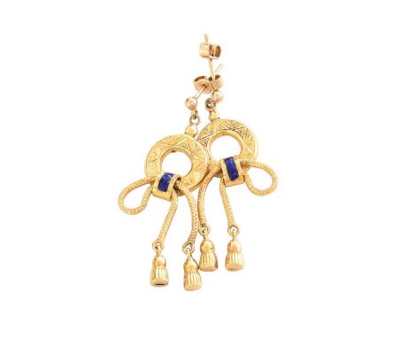 A Pair of Enamel Drop Earrings, the yellow circular engraved frame conjoined to a rope twist and tassel drop by a blue enamel