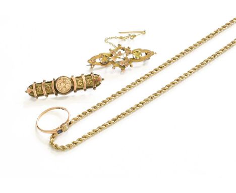 A 9 Carat Gold Rope Twist Necklace, length 49cm; Two 9 Carat Gold Brooches, length 4.5cm and 4.1cm; and A Gem-Set Ring, stamp