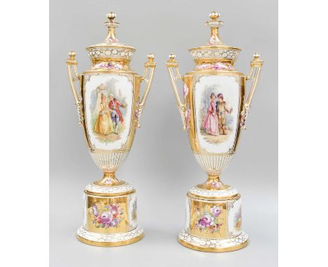 A Pair of Dresden Porcelain Urns and Covers, gilt ground and painted with panels containing courting couples, painted marks, 