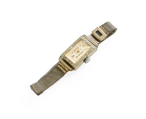 A Lady's 18 Carat White Gold Diamond Set Rectangular Wristwatch, signed Imaco, circa 1940, manual wound movement, mesh bracel