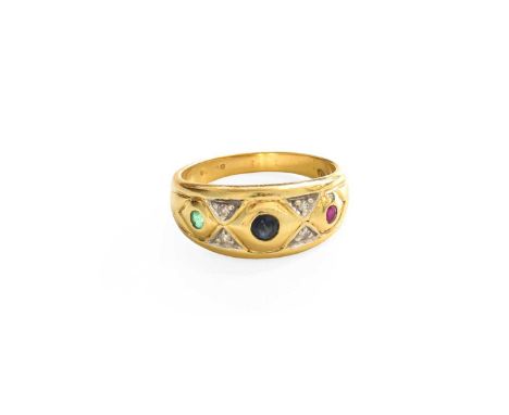 A Ruby, Emerald, Sapphire and Diamond Half Hoop Ring, stamped '750', finger size LGross weight 4.3 grams.