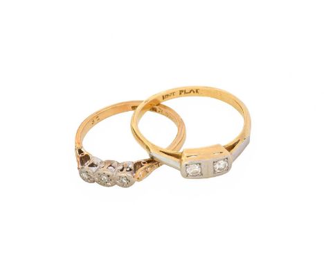 A Diamond Three Stone Ring, stamped '18CT PLAT', finger size M; and A Diamond Two Stone Ring, stamped '18CT PLAT', finger siz