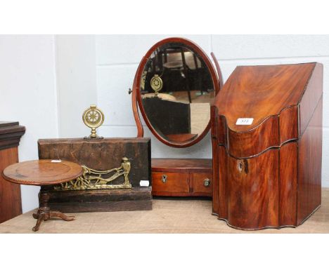A George III Mahogany Serpentine Fronted Knife Box (lacking interior and a/f); together with an oak doorstop with brass mount