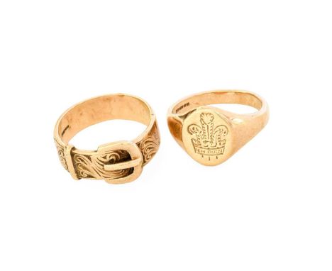 A 9 Carat Gold Signet Ring, finger size Q1/2; and A 9 Carat Gold Buckle Ring, finger size S1/2Gross weight 11.8 grams.
