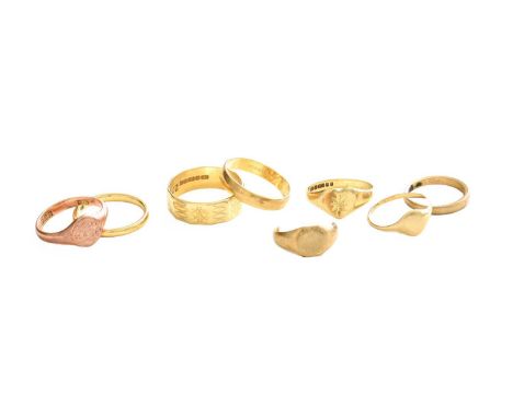 Four 9 Carat Gold Band Rings, of varying sizes; Two 9 Carat Gold Signet Rings, finger sizes K1/2 and M1/2; A Signet Ring, sta