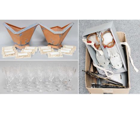 A Pair of Unsual Terracotta Planters, a set of twelve moulded opaque glass name plaques, a suite of 21 red and white etched g