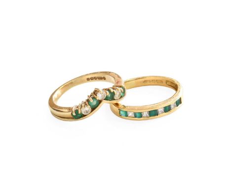 A 9 Carat Gold Emerald and Diamond Wishbone Ring, finger size K; and An 18 Carat Gold Emerald and Diamond Half Hoop Ring, fin