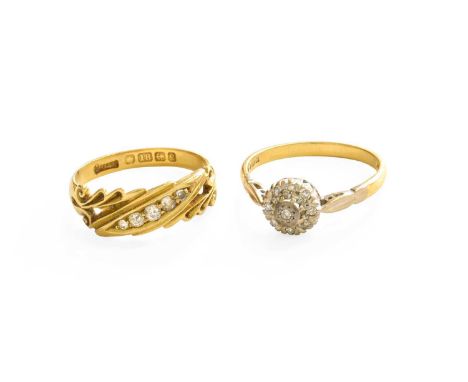 An 18 Carat Gold Diamond Cluster Ring, finger size M1/2; and An 18 Carat Gold Diamond Five Stone Ring, finger size N1/2Gross 
