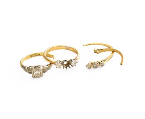 An 18 Carat Gold Diamond Three Stone Ring, one stone deficient, finger size L (a.f.); A Diamond Solitaire Ring, finger size J
