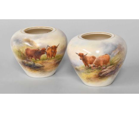A Pair of Royal Worcester Porcelain Pot Pourri Vases, by Harry Stinton, 1909, of ovoid form, painted with Highland cattle in 