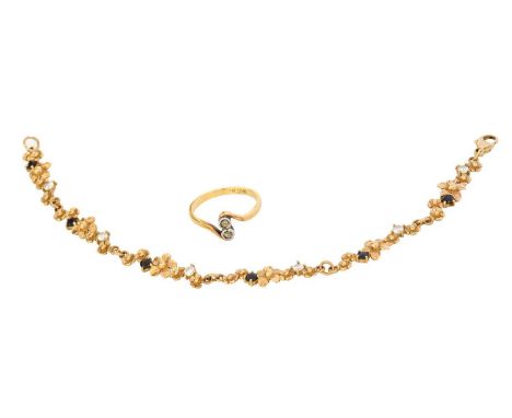 A 9 Carat Gold Gem-Set Bracelet, length 19.5cm; and A Diamond Two Stone Twist Ring, stamped '18CT', finger size O1/2Bracelet 