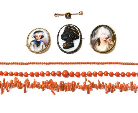 A Quantity of Jewellery, comprising of three coral necklaces (a.f.); a cameo brooch; two miniature brooches; and a miniature 