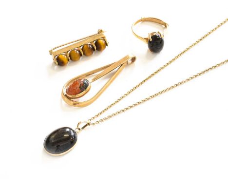 A Quantity of Jewellery, comprising of a 9 carat gold moss agate pendant, length 4.8cm; a tiger’s-eye brooch, stamped ‘9CT’, 