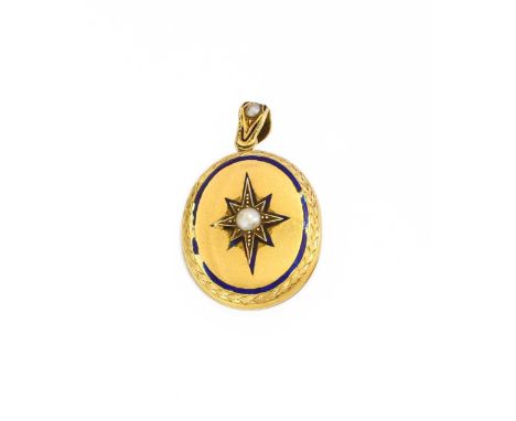A Victorian Enamel Split Pearl Locket, with a split pearl centrally in a yellow star setting, to a blue enamel border, suspen