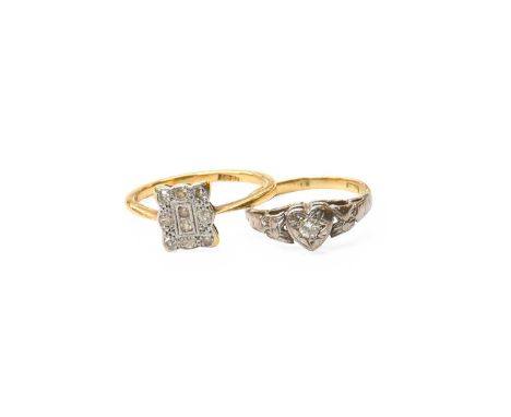A Diamond Cluster Ring, the rectangular shaped plaque set with eight-cut diamonds, in white millegrain settings, to a yellow 