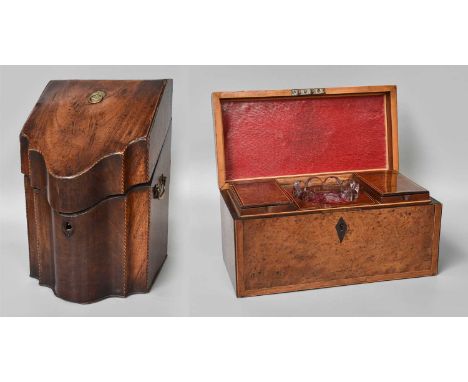 A George III Mahogany Serpentine-Shape Knife Box, with fitted interior; together with a George III burr yewood tea caddy with