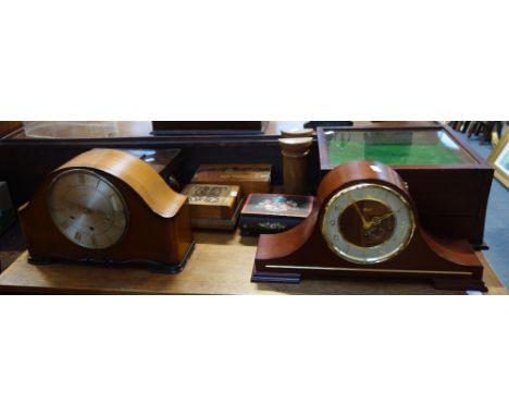 A 19TH CENTURY MAHOGANY BOX, two mantel clocks, a display cabinet and sundries