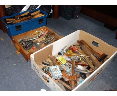 A LARGE COLLECTION OF TOOLS, to include woodworking chisels, woodworking and metal working tools