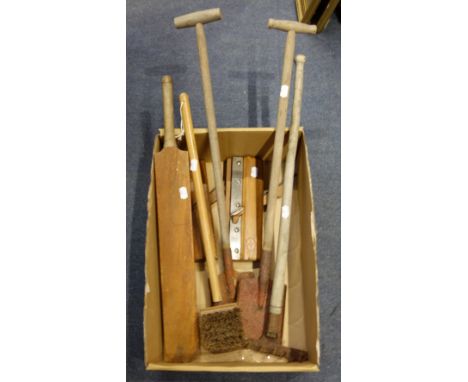 A COLLECTION OF VINTAGE CHILDREN'S TOY TOOLS, including a miniature rake and spades, a miniature cricket bat and two wooden m