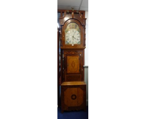 A 19TH CENTURY OAK AND MAHOGANY THIRTY HOUR LONGCASE CLOCK, with painted dial, signed P. Bales (?) Huddersfield, 240cm high x