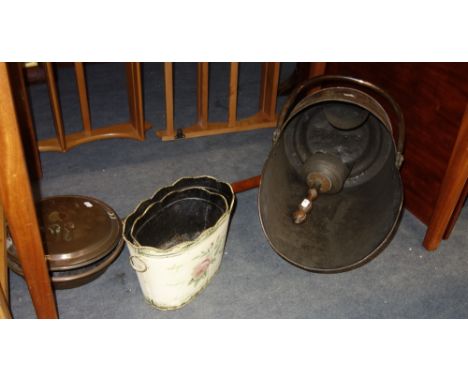 A COPPER HELMET COAL SCUTTLE, a warming pan and two tin jardinieres 