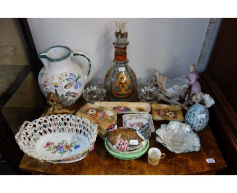 A DRESDEN PIERCED CERAMIC AND FLORAL BASKET and a collection of similar ceramics and glassware