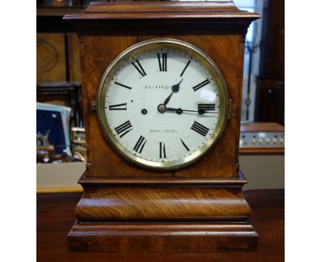 A 19TH CENTURY MAHOGANY CASED DOUBLE FUSEE MANTEL CLOCK, striking on a bell, with painted dial "JS Osborn Bognor" 42cm high