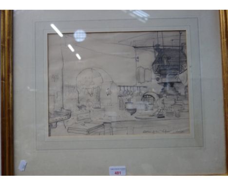 ATTRIB TO SIR WILLIAM RUSSELL FLINT: 'Kitchen of the 'Vapore', Venice', pencil sketch, the back inscribed 'Sir William Russel
