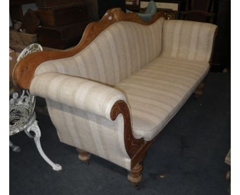 A 19TH CENTURY STRIPPED PINE FRAMED SCROLL END SOFA, with squab seat, 190cm wide