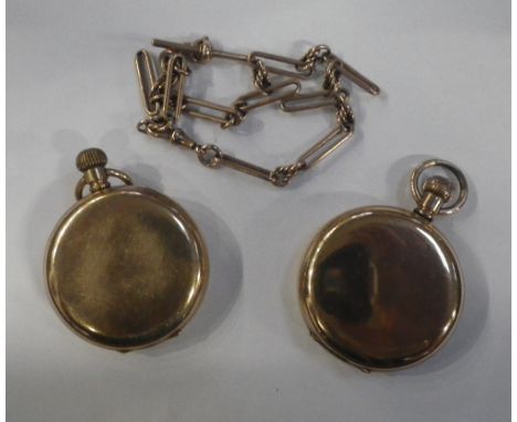 TWO GOLD PLATED FULL HUNTER CASED POCKET WATCHES, and 9ct yellow gold fob chain
