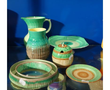 SHELLEY; A COLLECTION OF HAND PAINTED GREEN CERAMICS, a vase, jug, cake stand, jam pot, flower ring and a small plate (6)