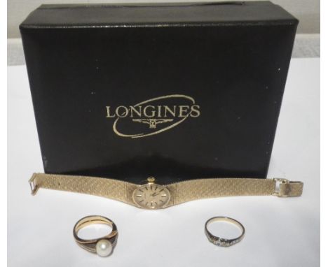 LONGINES: A Lady's 9ct yellow gold wristwatch, a micro-set diamond ring and a pearl ring (3)