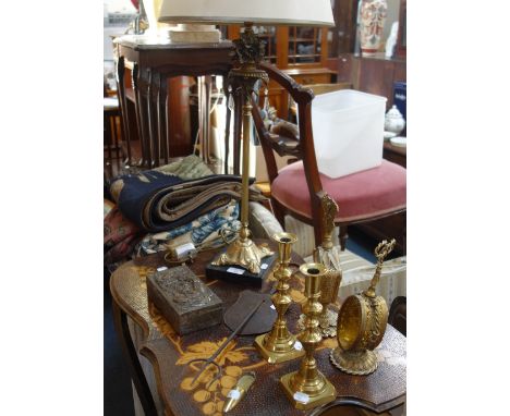 A BRASS TABLE LAMP with shade, two brass filigree perfume bottles and similar items