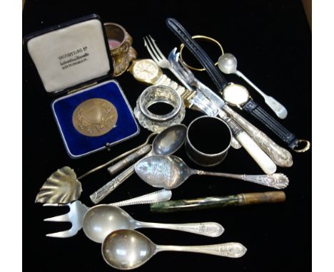 A COLLECTION OF MIXED COLLECTABLES, including plated flatware, silver napkin ring, wristwatches and other items